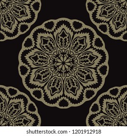 Circle Mandala Seamless Vector Pattern, Hand Drawn Boho Ornament Flourish Illustration for Trendy Home Decor, Yoga Fashion Print, Indian Style Wallpaper. Eastern Tattoo Designs. Meditation Background.
