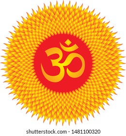 Circle mandala sun. Red, orange and yellow colors. Sign Aum / Om / Ohm in center. Spiritual esoteric symbol. Vector graphics.