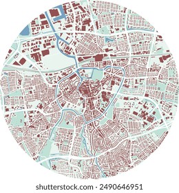 Circle map of Breda, Netherlands. Detailed round map with buildings, roads, parks. Urban city area.