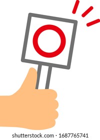 Circle mark written on signboard held in hand.