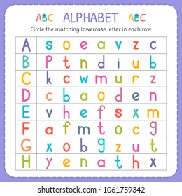 Circle the matching lowercase letter in each row. From A to H. Worksheet for kindergarten and preschool. Exercises for children. Vector illustration