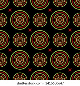 Circle maze colorful seamless pattern on black background