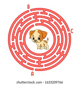 Circle maze. Dog animal. Game for kids. Puzzle for children. Round labyrinth conundrum. Color vector illustration. Find the right path. Education worksheet.