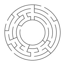 Circle Maze. Find The Way Out Concept. Game For Kids. Children's Puzzle. Labyrinth Conundrum. Simple Flat Illustration On White Background. With Place For Your Image.