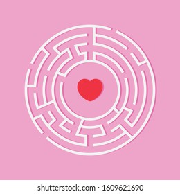 Circle Maze. Find the Way Out Concept. Game for kids. Children's puzzle. Labyrinth conundrum. Simple flat illustration on pink background. With a heart in the center.
