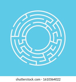 Circle Maze. Find the Way Out Concept. Game for kids. Children's puzzle. Labyrinth conundrum. Simple flat illustration on blue background. With place for your image.