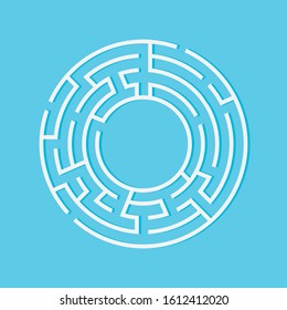 Circle Maze. Find the Way Out Concept. Game for kids. Children's puzzle. Labyrinth conundrum. Simple flat illustration on blue background. With place for your image.