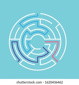 Circle Maze. Find the Way Out Concept. Game for kids. Children's puzzle. Labyrinth conundrum. Simple flat illustration on blue background. With place for your image.