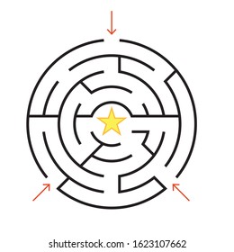 Circle Maze. Find the Way Out Concept. Game for kids. Children's puzzle. Labyrinth conundrum. Simple flat illustration on white background. With place for your image.