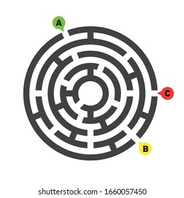 Circle Maze. Find the Way Out Concept. Game for kids. Children's puzzle. Labyrinth conundrum. Simple flat illustration on white background. With place for your image.
