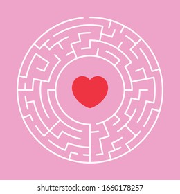 Circle Maze. Find the Way Out Concept. Game for kids. Children's puzzle. Labyrinth conundrum. Simple flat illustration on pink background with a heart. With place for your image.