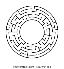 Círculo Maze. Encuentre el concepto de salida. Juego para niños. El rompecabezas de los niños. El enigma del laberinto. Simple ilustración plana sobre fondo blanco. Con lugar para tu imagen.