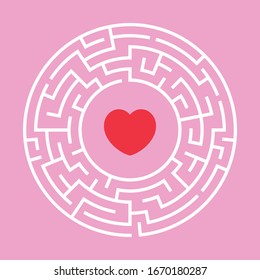 Circle Maze. Find the Way Out Concept. Game for kids. Children's puzzle. Labyrinth conundrum. Simple flat illustration on pink background with a heart. With place for your image.