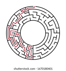 Circle Maze. Find the Way Out Concept. Game for kids. Children's puzzle. Labyrinth conundrum. 
With the decision. Simple flat illustration on white background. With place for your image.