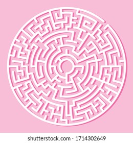 Circle Maze. Find the Way Out Concept. Game for kids. Children's puzzle. Labyrinth conundrum. Simple flat illustration on pink background. With place for your image.