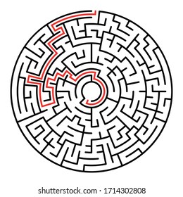Circle Maze. Find the Way Out Concept. Game for kids. Children's puzzle. Labyrinth conundrum. Simple flat illustration on white background. With place for your image.