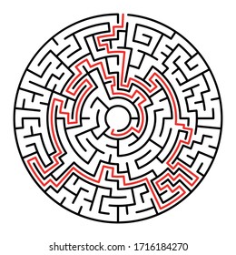 Circle Maze. Find the Way Out Concept. Game for kids. Children's puzzle. Labyrinth conundrum. Simple flat illustration on white background. With place for your image.