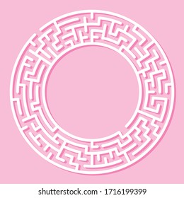 Circle Maze. Find the Way Out Concept. Game for kids. Children's puzzle. Labyrinth conundrum. Simple flat illustration on pink background. With place for your image.