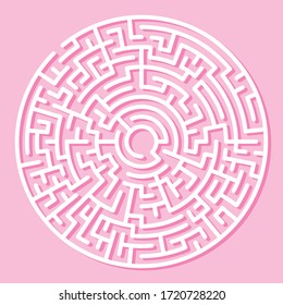 Circle Maze. Find the Way Out Concept. Game for kids. Children's puzzle. Labyrinth conundrum. Simple flat illustration on pink background. With place for your image.
