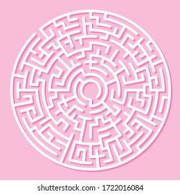 Circle Maze. Find the Way Out Concept. Game for kids. Children's puzzle. Labyrinth conundrum. Simple flat illustration on pink background. With place for your image.