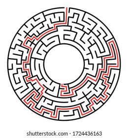 Círculo Maze. Encuentra el concepto de salida. Juego para niños. El rompecabezas de los niños. El acertijo laberíntico. Ilustración plana simple sobre fondo blanco. Con lugar para tu imagen.