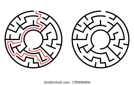 Circle Maze. Find the Way Out Concept. Game for kids. Children's puzzle. Labyrinth conundrum. 
With the decision. Simple flat illustration on white background. 