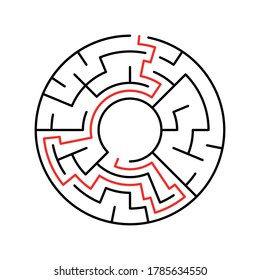 Circle Maze. Find the Way Out Concept. Game for kids. Children's puzzle. Labyrinth conundrum. 
With the decision. Simple flat illustration on white background. 