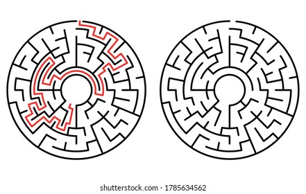 Circle Maze. Find the Way Out Concept. Game for kids. Children's puzzle. Labyrinth conundrum. 
With the decision. Simple flat illustration on white background. 