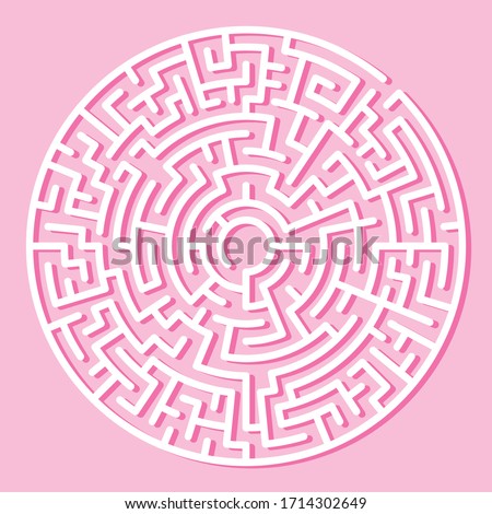 Circle Maze. Find the Way Out Concept. Game for kids. Children's puzzle. Labyrinth conundrum. Simple flat illustration on pink background. With place for your image.