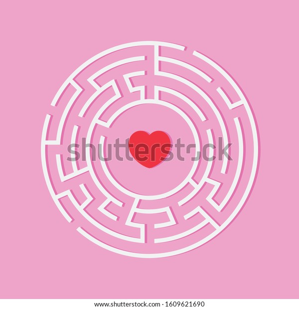 Circle Maze. Find the Way Out\
Concept. Game for kids. Children\'s puzzle. Labyrinth conundrum.\
Simple flat illustration on pink background. With a heart in the\
center.