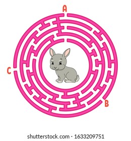 Circle maze. Game for kids. Puzzle for children. Round labyrinth conundrum. Rabbit bunny animal. Color vector illustration. Find the right path. Education worksheet.