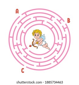 Circle maze. Game for kids. Puzzle for children. Round labyrinth conundrum. Color vector illustration. Find the right path. Education worksheet.