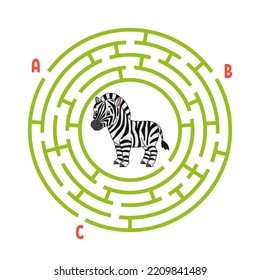 Circle maze. Game for kids. Puzzle for children. Round labyrinth conundrum. Color vector illustration. Find the right path. Education worksheet.