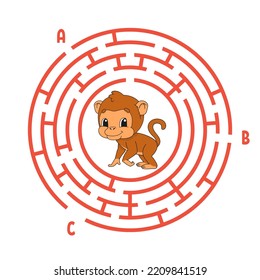 Circle maze. Game for kids. Puzzle for children. Round labyrinth conundrum. Color vector illustration. Find the right path. Education worksheet.