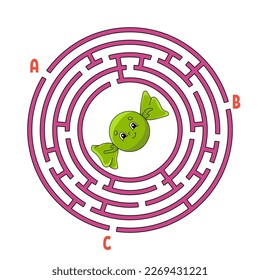 Circle maze. Game for kids. Puzzle for children. Round labyrinth conundrum. Find the right path. Education worksheet. Vector illustration.