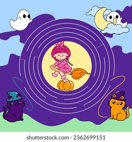 Circle maze. Game for kids. Puzzle for children. Round labyrinth conundrum. Color vector illustration. Find the right way. Education worksheet halloween witch  cat complete fun activities