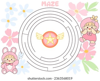 Circle maze. Game for kids. Puzzle for children. Round labyrinth conundrum. Color vector illustration. Find the right path. Education worksheet.
