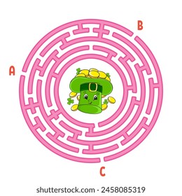 Circle maze. Game for kids. Puzzle for children. Round labyrinth conundrum. Find the right path. Education worksheet. Vector illustration.