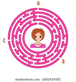 Circle maze. Game for kids. Puzzle for children. Round labyrinth conundrum. Find the right path. Education worksheet. Vector illustration.