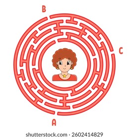 Circle maze. Game for kids. Puzzle for children. Round labyrinth conundrum. Find the right path. Education worksheet. Vector illustration.