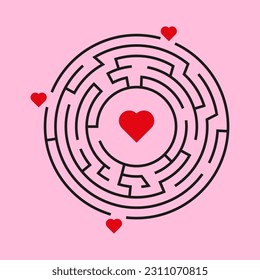 Circle Maze. heart in the center of the labyrinth. Find the Way Out Concept. vector illustration.