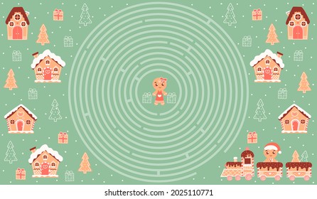 Circle maze for kids, christmas holiday theme with colourful gingerbread cozy village and train, characters