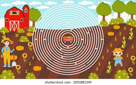 Circle Maze Labyrinth With Frmer And Scarecrow, Harvest And Barn In Cartoon Style, Printable Educational Puzzle For Kids, Autumn Game