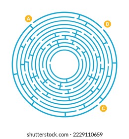 Circle maze, labyrinth, round puzzles games. Circular black game and icon of maze, labyrinth in line on background for kids solution. Vector. Logos of abstract simple riddle patterns illustration.