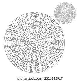 Circle maze, labyrinth, round puzzles games. Circular black game and icon of maze, labyrinth in line on background for kids solution. Vector. Logos of abstract simple riddle patterns illustration.