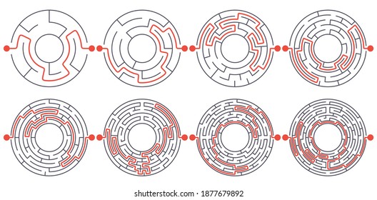 Encontrar el modo de juego. laberinto redondo, laberinto con espacio libre circular en el conjunto de ilustración vectorial central