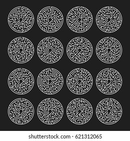 Circle Maze Set. Labyrinth with Entry and Exit. Find the Way Out Concept. Vector Illustration.