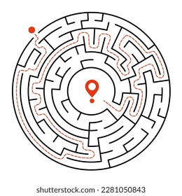 Circle Maze with Solution. Labyrinth with Entry and Exit. Transportation and Logistics Vector Illustration. Find the Way Out Concept. 