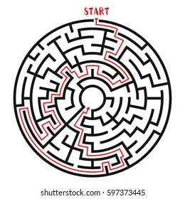 Circle Maze with Solution. Labyrinth with Entry and Exit. Find the Way Out Concept. Vector Illustration.