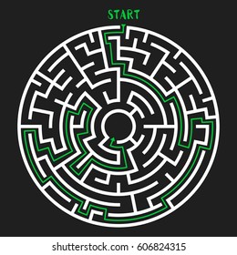Circle Maze with Solution. Labyrinth with Entry and Exit. Find the Way Out Concept. Vector Illustration.